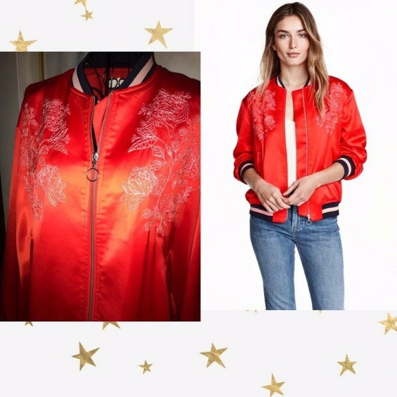 H & M BOLD RED SATIN BOMBER STYLE JACKET WITH PRETTY FLORAL EMBROIDERY~MEDIUM - Picture 3 of 8